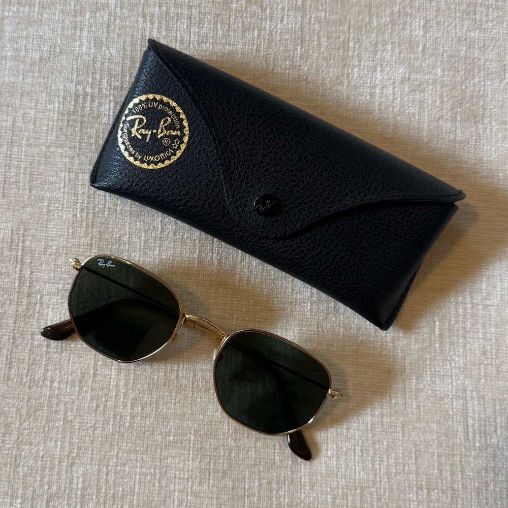 Ray-Ban Hexagonal Flat Lens Sunglasses Gold Frame Green Lens - Picture 2 of 9